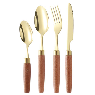 16 Piece 304 Stainless Steel Flatware Set With Wooden Handles - Vintage Japanese Style, Dishwasher Safe Cutlery For Fine Dining