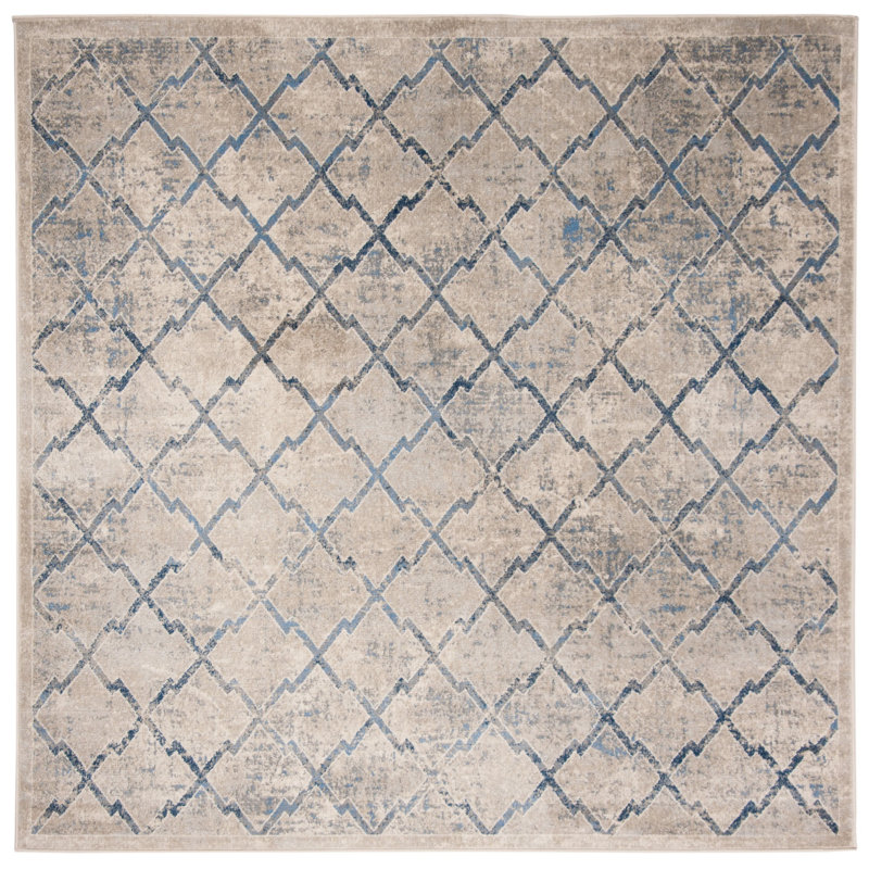 Aubreelynn Cambrai Geometric Light Gray/Dark Blue Area Rug, Square 6'7"