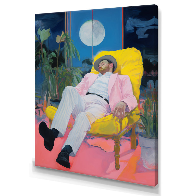 Portrait d'une lune bleue avec un manteau rose au repos - imprimé, H 40 po x l 30 po x P 1,5 po, Toile tendue