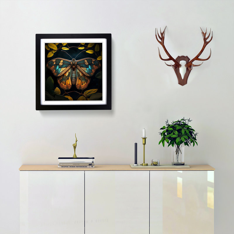Moth Stained Glass Effect - Framed Print, Black