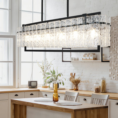 40'' 6-Light Black Linear Chandelier with Water Ripple Textured Glass Panels – Industrial Pendant Lighting for Kitchen Island & Dining RoomIsland Living Room Rectangular Lighting