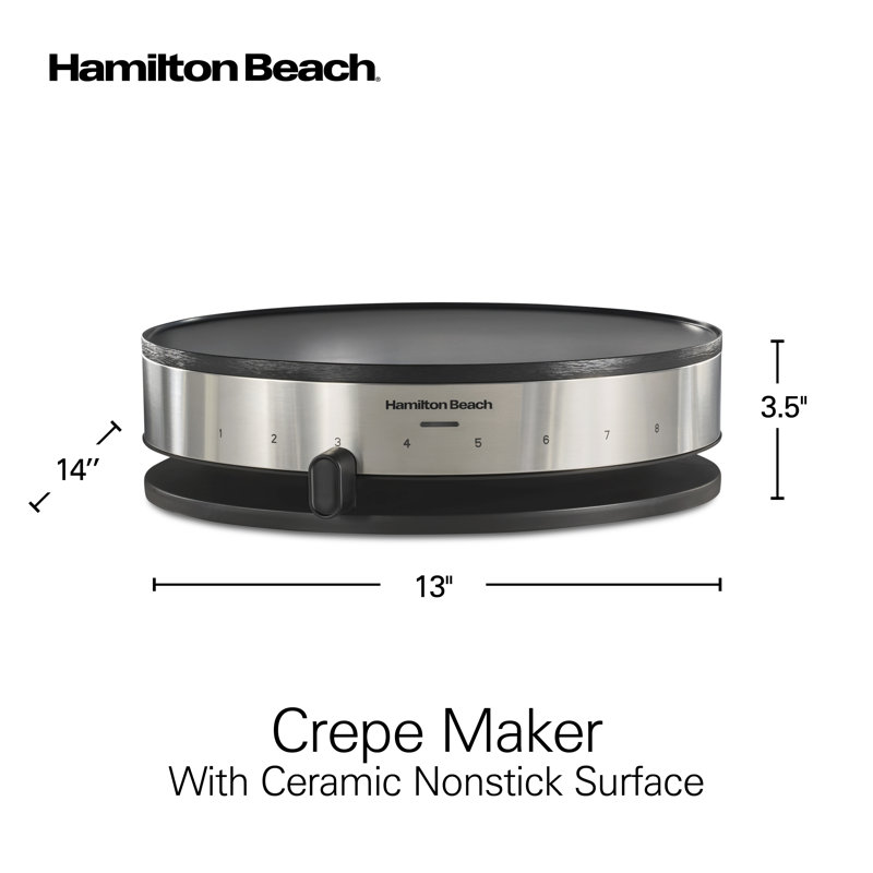 Hamilton Beach Crepe Maker, Includes Batter Cup, Batter Spreader & Spatula, 13inch,1000 Watts,8 settings, Stainess & Black, 38465
