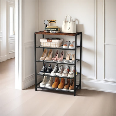 Range-chaussures, range-chaussures à 5 couches pour l'entrée de garde-robe, range-chaussures étroit et mince en métal avec toit en bois industriel