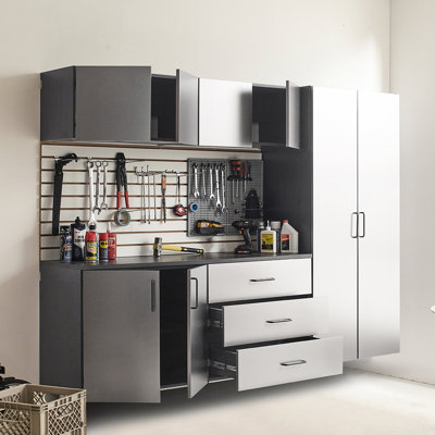 Garage Cabinet B Of Series, 96 In. W X 79 H 20 D, 6 Pieces, Metallic Gray Finish, Drawers And Doors With Water Heat Qualities, 2X Thicker Edge Banding, Shelf Mechanism, Double Metal Bracket ,