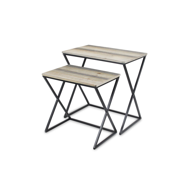 Ensemble de deux tables gigognes en bois massif brun et noir et structure en acier