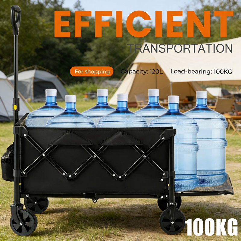 100L Festival Camping Trolley | Pull-Along Collapsible Wagon Cart With Removable All-Terrain Wheels & Adjustable Handle | 220LBS/100KG Capacity | Black | For Beach, Garden, Picnic, Shopping & Sports