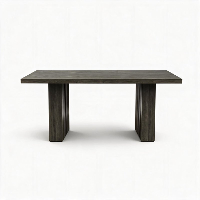 Table de salle à manger gris foncé à bords ondulés, grand plateau rectangulaire, structure en bois robuste, sièges spacieux pour 6 à 8 personnes, assemblage facile