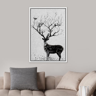 Animals " Black and White Deer with Birds on Antlers " Graphic Art Print