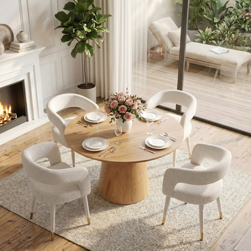 46" Round Dining Table Set For 4 With Upholstered Arm Chairs, Beige
