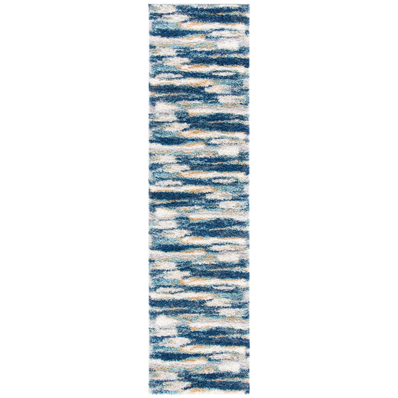 Tapis bleu marine / ivoire à motif abstrait Araya, Tapis de couloir 2 pi 3 po x 8 pi