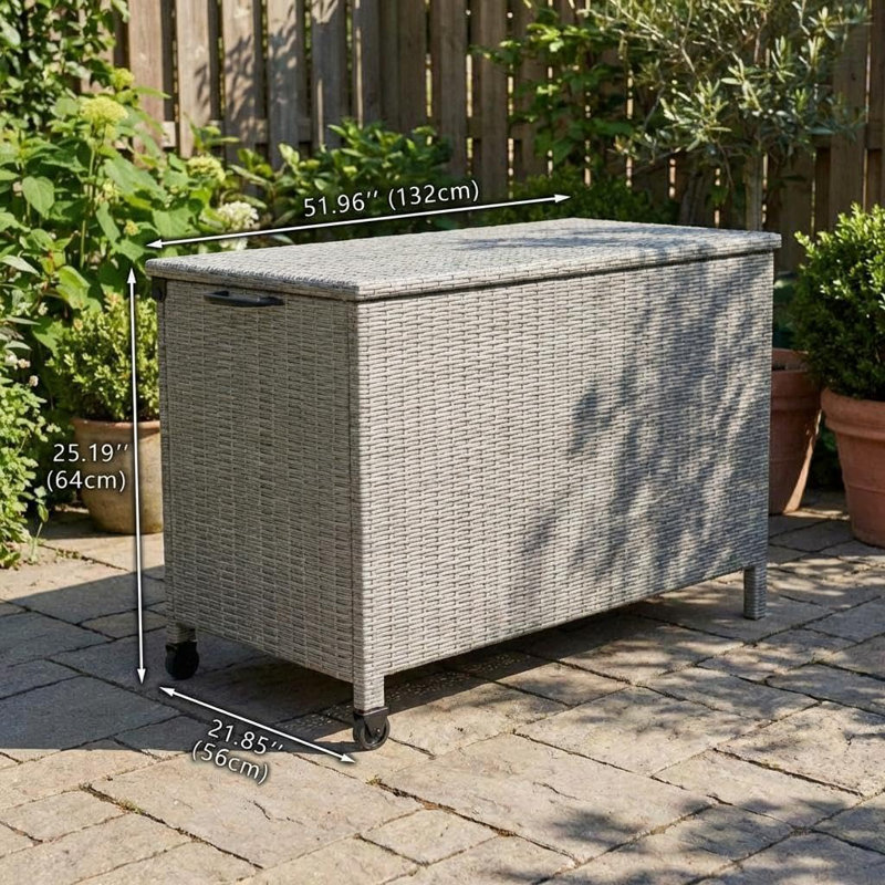 Outdoor Wicker Storage Box, PE Rattan Patio Storage Chest with Steel Frame, Weather-Resistant Deck Storage Box for Cushions, Garden Tools & Pool Accessories