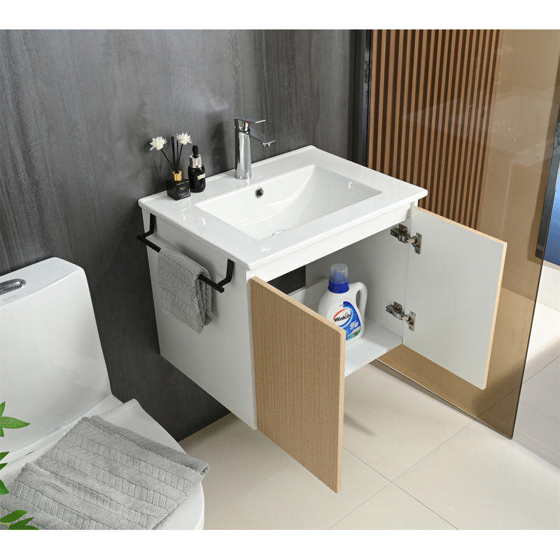 Compartiment de meuble-lavabo flottant avec rangement à serviettes mural 24 po Goodyo, Naturel / blanc / argent