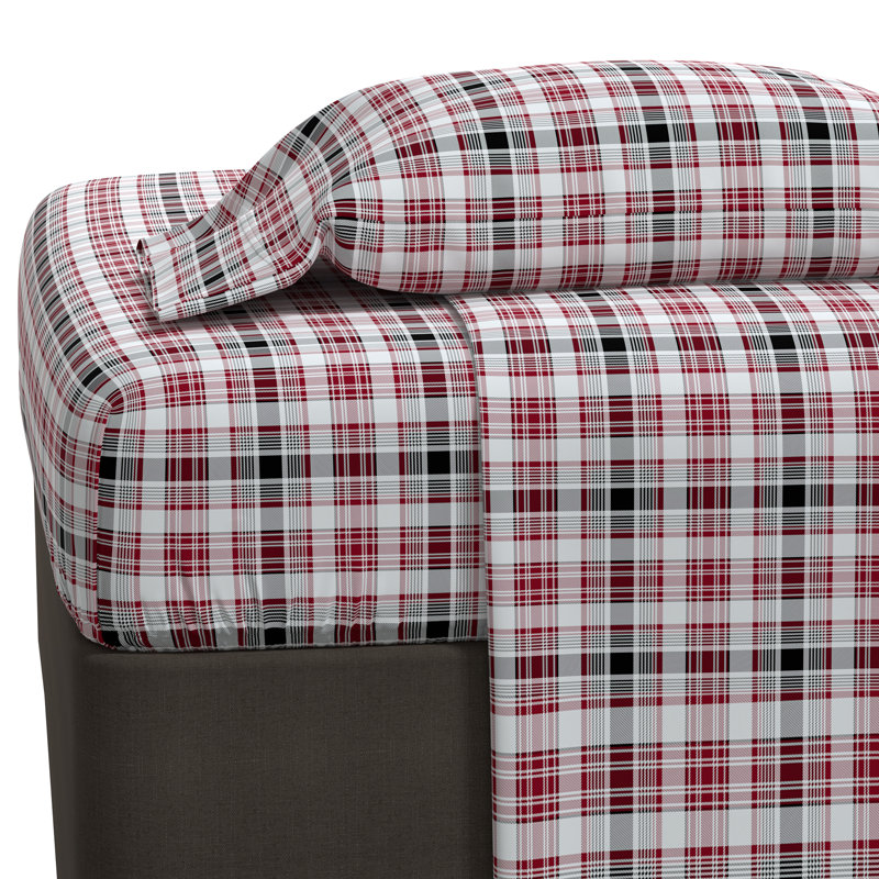 100% Cotton Super-Soft Flannel Sheet Set, King Sheet Set with Fitted Sheet and Pillowcase, Plaid, Red Black Plaid
