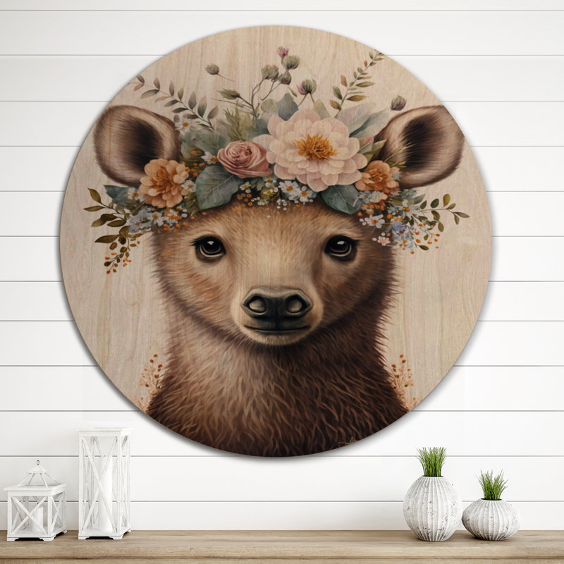 Mignon bébé ours avec couronne florale IV - Impression sur bois sans cadre, H 36 po x l 36 po x P 1 po