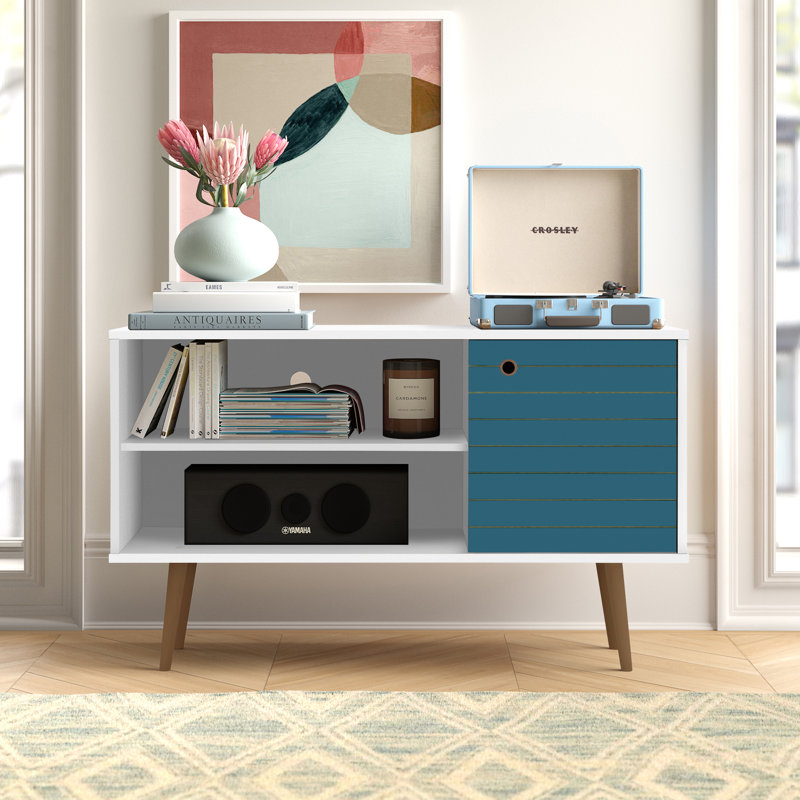 Liberty 43" Mid-Century Modern 3-Shelf TV Stand for TVs up to 43" in Blue Slate and White, White/Aqua Blue
