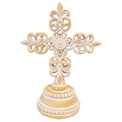 Polyresin Beige Distressed Fleur De Lis Scrolls Rustic Religious Standing Tabletop Cross