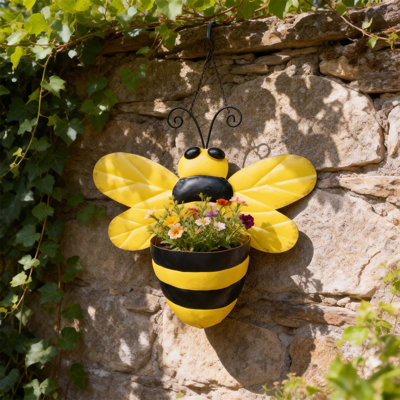 Metal Bee Wall Planter – Whimsical Yellow & Black Striped Hanging Flower Pot,plant Pot,outdoor/indoor Wall Decor For Garden, Fence & Patio