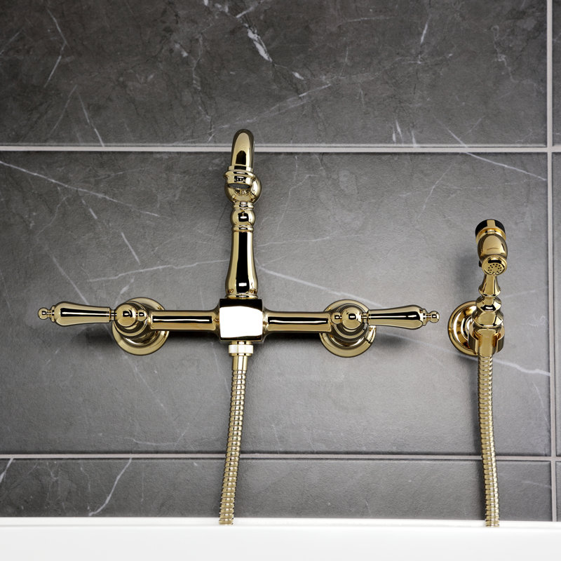 Kingston Brass Heritage Double-Handle 3-Hole Wall-Mount Bridge Kitchen Faucet with Brass Sprayer, Polished Brass