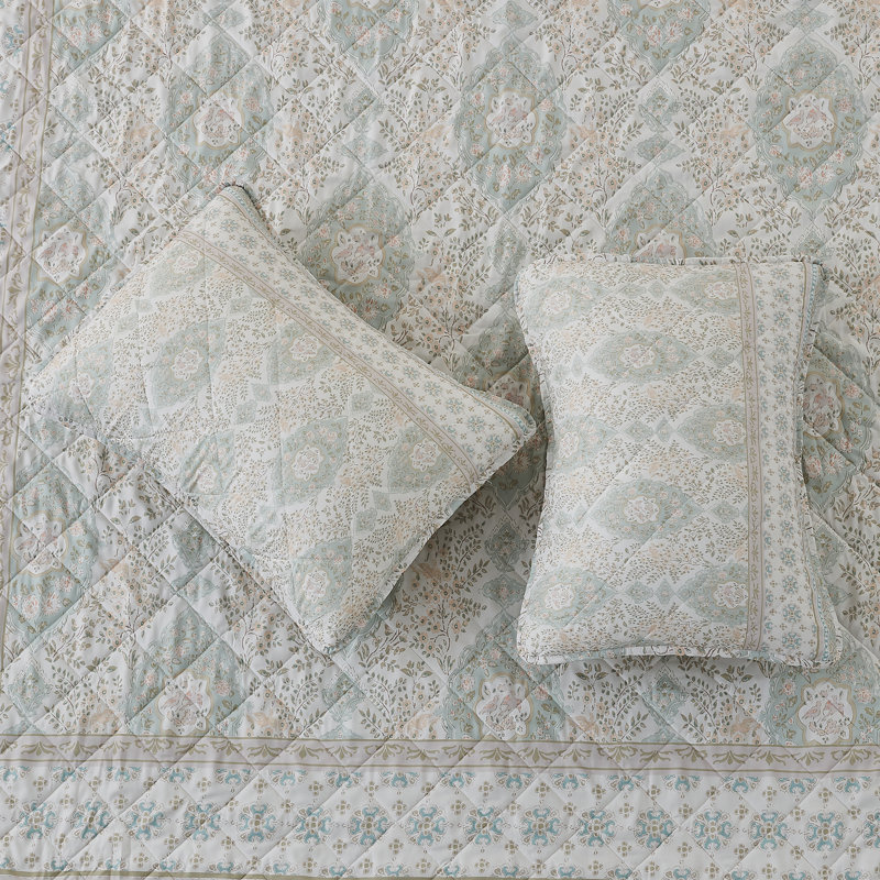 Boho Printed Bordered Quilt Set with Shams, Sage Green, Full / Queen Quilt + 2 Standard Shams