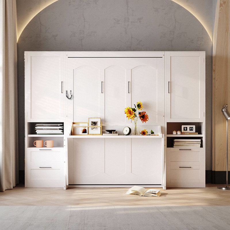 Lit escamotable double avec placard et tiroirs, Blanc