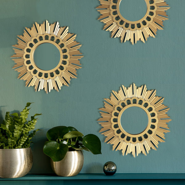 Deco 79 Metal Sunburst Wall Decor with Mirror Accent, Set of 3 18, 22,  27W, Silver