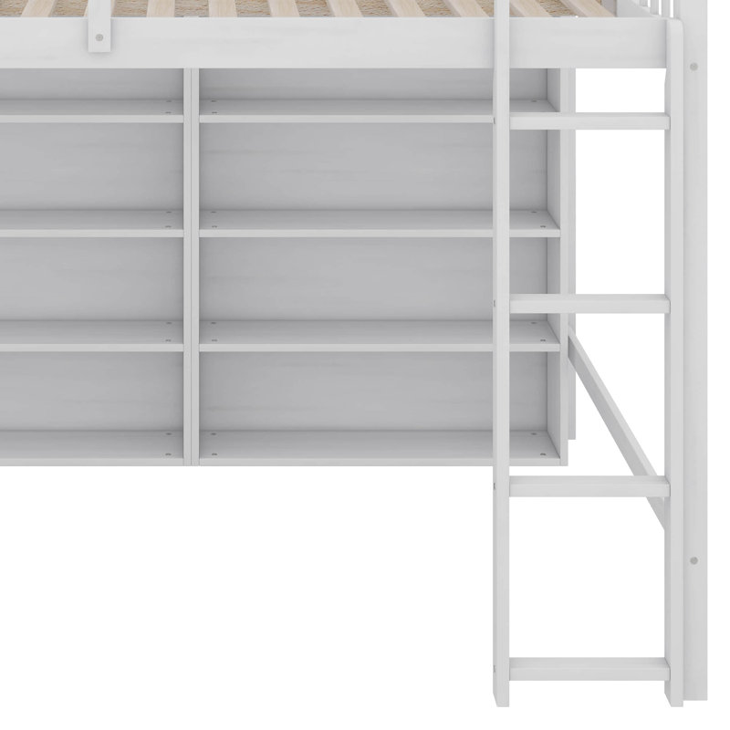 Lit mezzanine double avec 8 tablettes ouvertes, Blanc antique