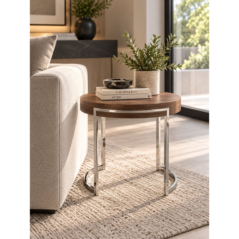 Modern Round Wood Side Table with Polished Stainless Steel Geometric Base – Contemporary Accent End Table for Living Room, Bedroom, or Office – Available in Walnut or White