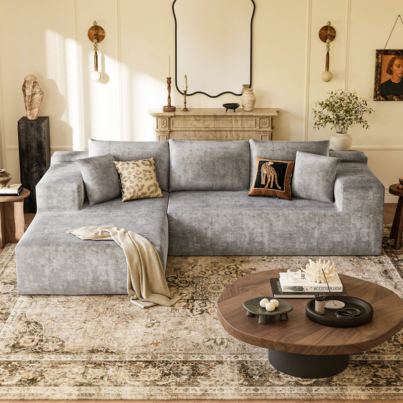 108" L-Shaped Compression Modular Sofa Sectional Couch, Dark Gray Chenille 