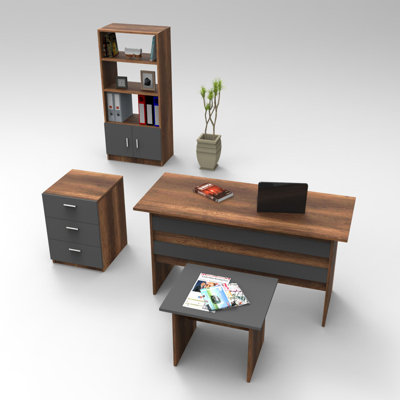 Modern Office Furniture Set (4 Pieces), Walnut & Anthracite | Study Desk (55.1 x 28.7 x 23.6 in), Coffee Table (23.6 x 18.1 x 15.0 in), Bookshelf (25.0 x 55.1 x 14.8 in) | 100% Melamine Coated Particle Board, Elegant & Functional Design