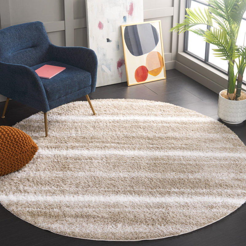 Wessie Border & Stripe Shag 200 Performance Striped Rug, Round 6'7"