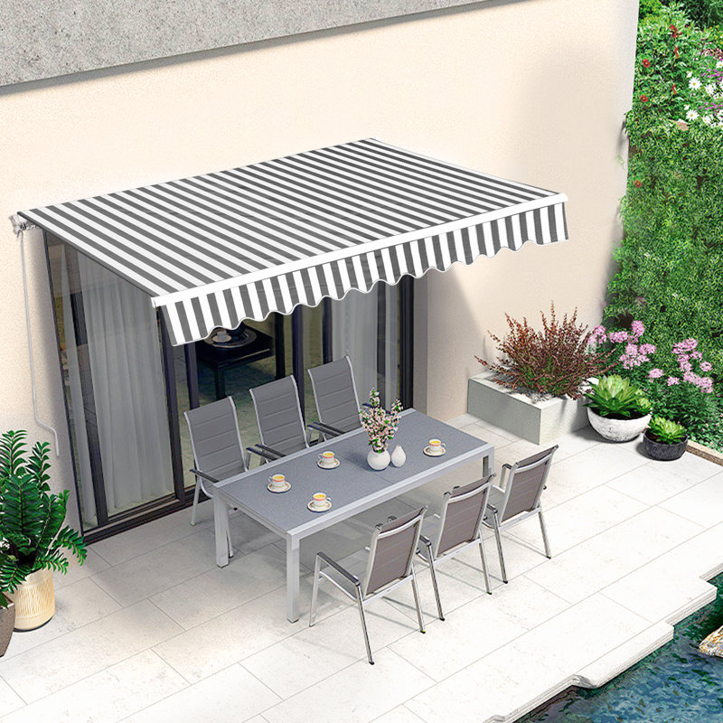  Auvent de patio manuel rétractable en gris / blanc, Rouge / Beige, À rayures, 7" H x 118.8" W x 93.6" D