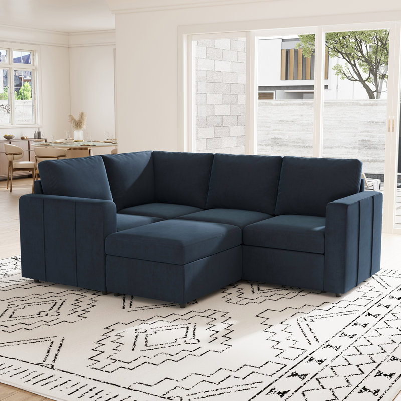 Aubade L-Shape Sectional Sofa Storage Couch With Removable Ottomans, Blue Velvet