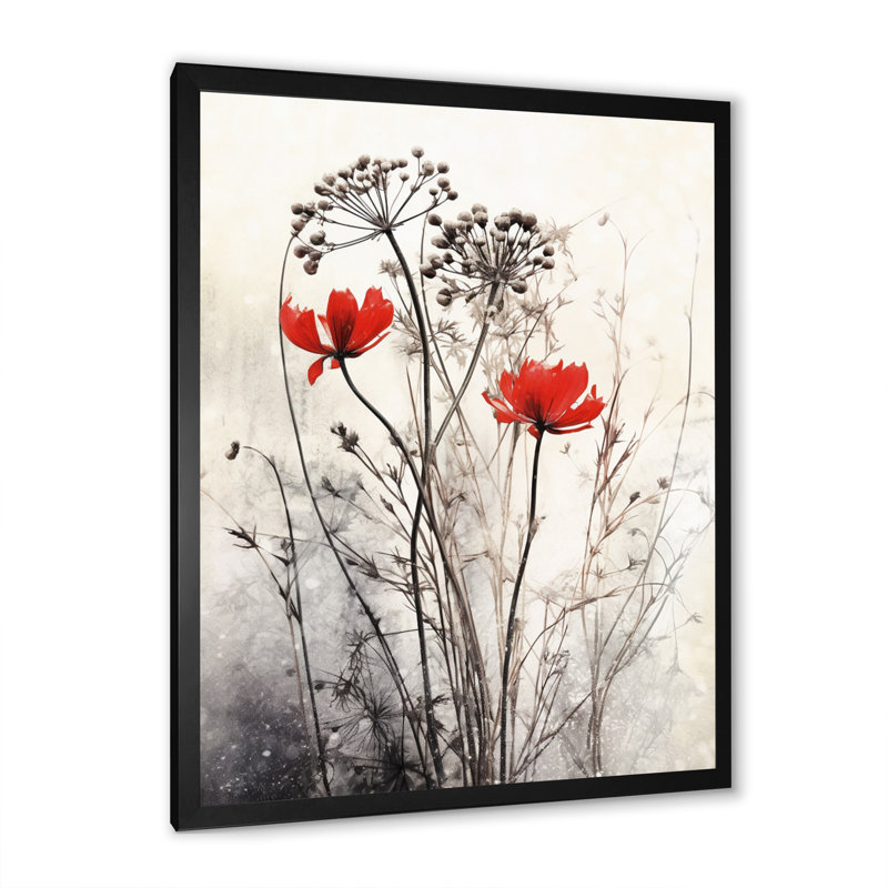 Décoration murale florale rouge et grise I, Noir, H 44 po x l 34 po x P 1 po, Cadre photo unique