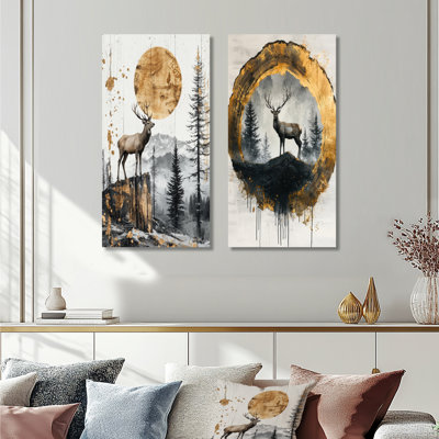 Golden Deer Landscape Grace In The Wild III - Animals Wall Art 2 Panels Collection