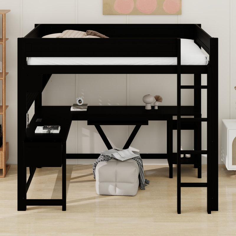Lit mezzanine pour jouer peu encombrant avec bureau, tablettes, DEL et station de charge, Noir