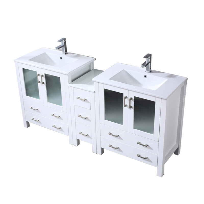 Oakledge Large meuble-lavabo double blanc avec armoire latérale, comptoir en céramique, robinet inclus, fermeture en douceur, deux armoires et sept tiroirs de rangement, comptoir Scratch, robinet à un trou