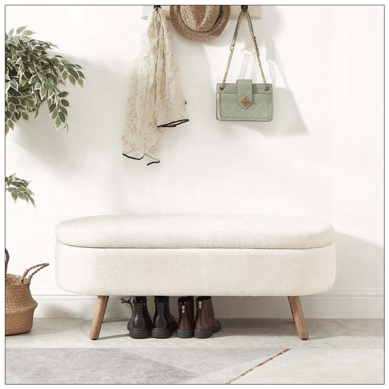 Oval Boucle Storage Ottoman Bench with Wood Legs, Ivory