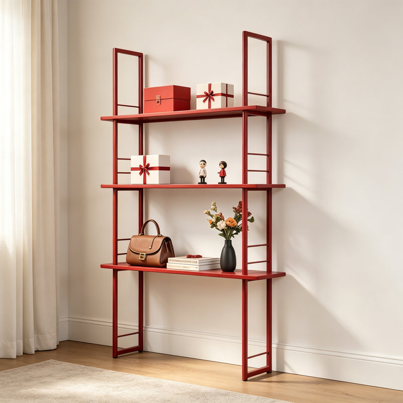Étagère de présentation moderne en métal rouge à 3 niveaux, (3 tablettes) H 63 po x l 31,5 po x P 11,81 po