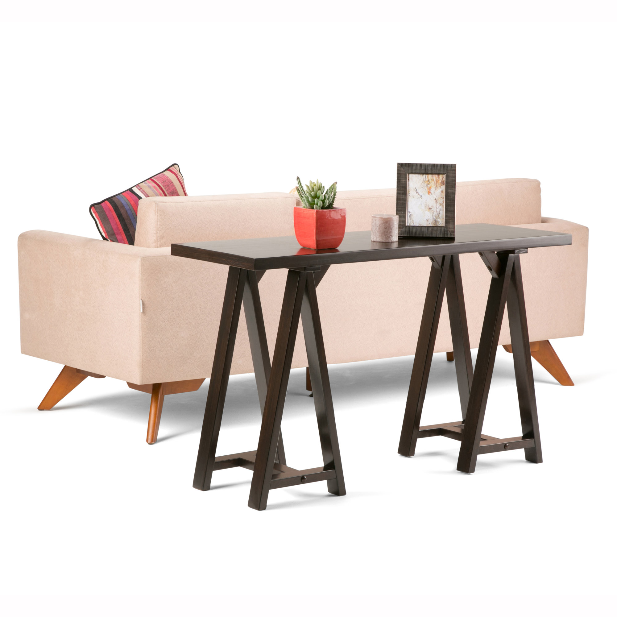 Sawhorse 50"W Solid Wood Modern Industrial Storage Console Table with Sturdy Sawhorse Supports, Dark Chestnut Brown
