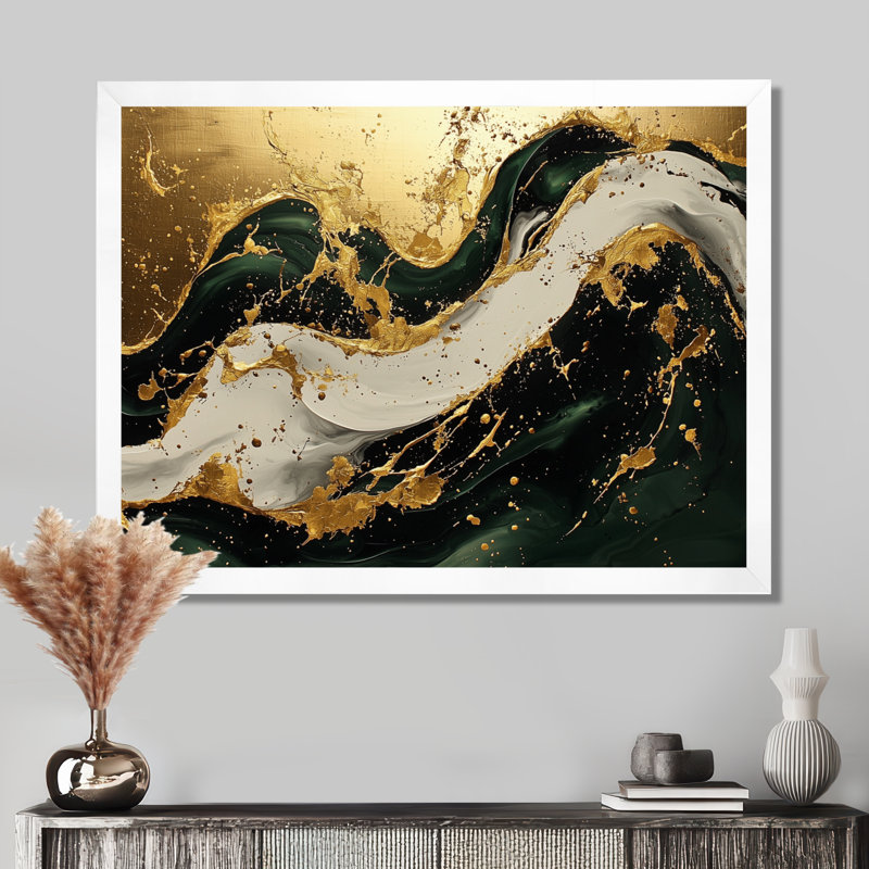 Golden Sands of Emerald Marble Shadows I - impression sur toile marbrée, H 34 po x l 44 po, Cadre flottant, Blanc