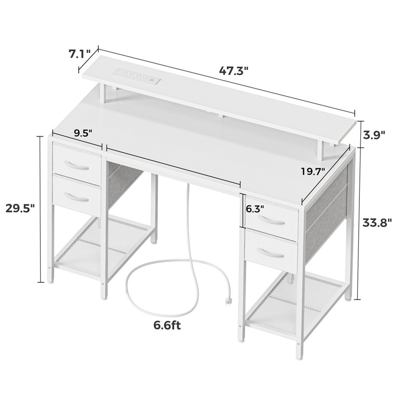 Neesha Desk with LED Lights, Computer Desk with Storage, Corner Desk with Drawers, Home Office Desk with Shelves, Writing Desk with 4 File Drawers, Gaming Desk with Power Outlets, Study Desk