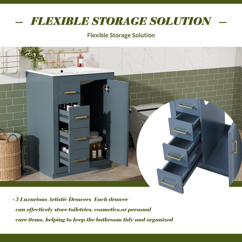 Meuble-lavabo moderne 24 po avec lavabo en céramique, Bleu