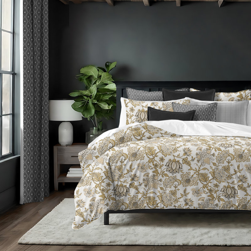 Bronte Gold Cotton Duvet Cover Set, Queen Duvet Cover + 7 Additional Pieces