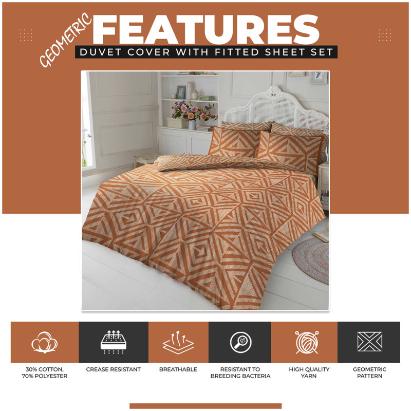 Cotton Blend Geometric Duvet Cover with Pillowcases, Double Duvet Cover + 2 Standard Pillowcases