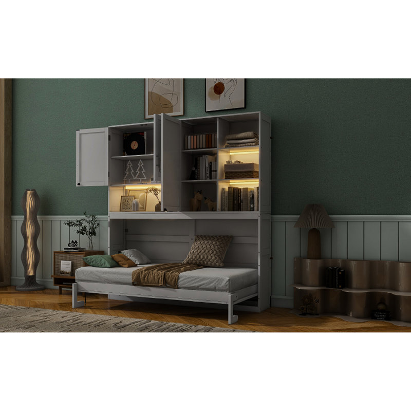 Lit simple simple avec et, armoire murale à conception compacte et tablettes de rangement, tablettes, lattes flexibles pliables pour le soutien du matelas, petits appartements idéaux