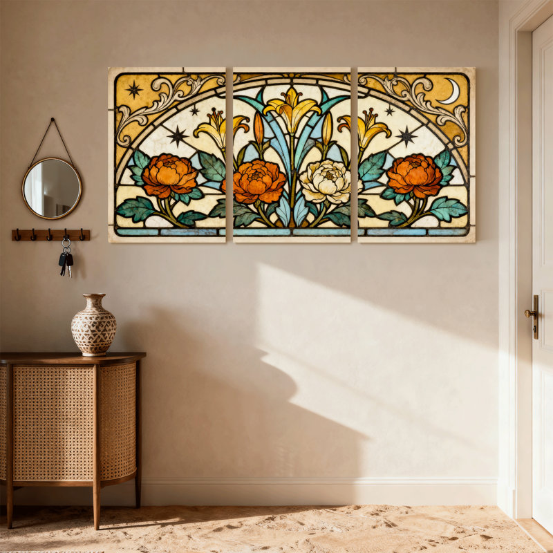 Ensemble de 3 impressions sur toile à motif floral en vitrail, H 18 po x l 36 po