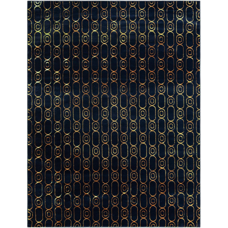 Tapis contemporain bleu marine et doré Vincente, Rectangle 7 pi 10 po x 10 pi