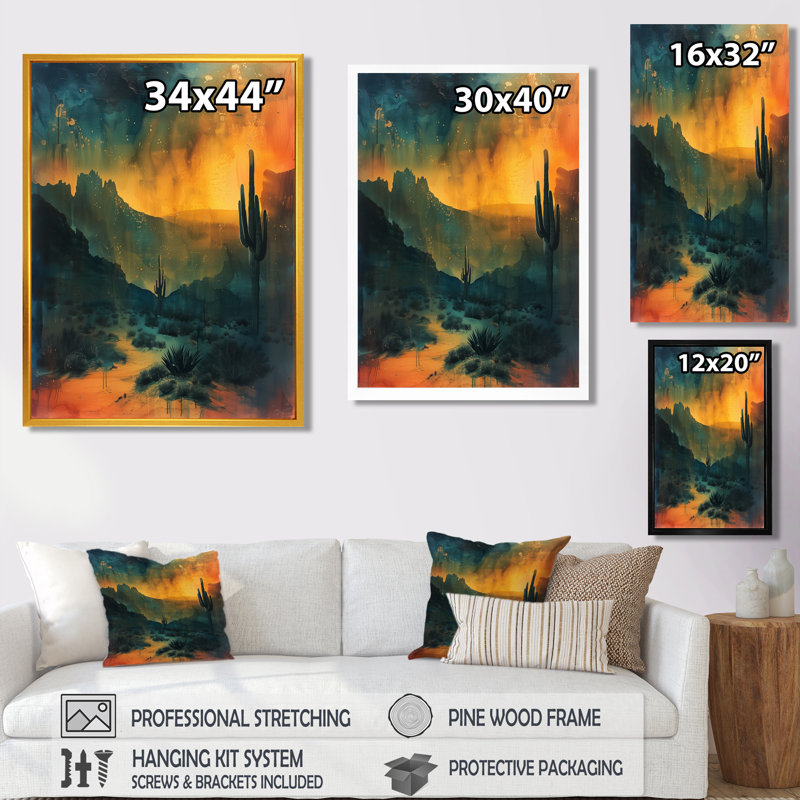 Cactus vert et orange clair de lune, impression de cactus du désert, H 32 po x l 24 po x P 1 po