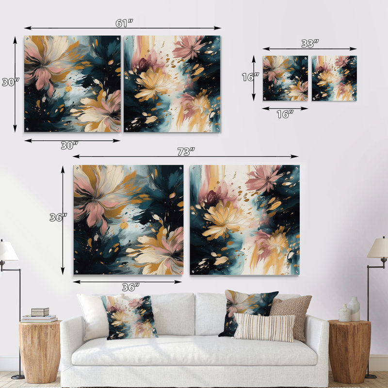 «Pink and Beige Blooming Abstractions I», ensemble de 2 peintures murales abstraites en acrylique, H 16 po x l 33 po