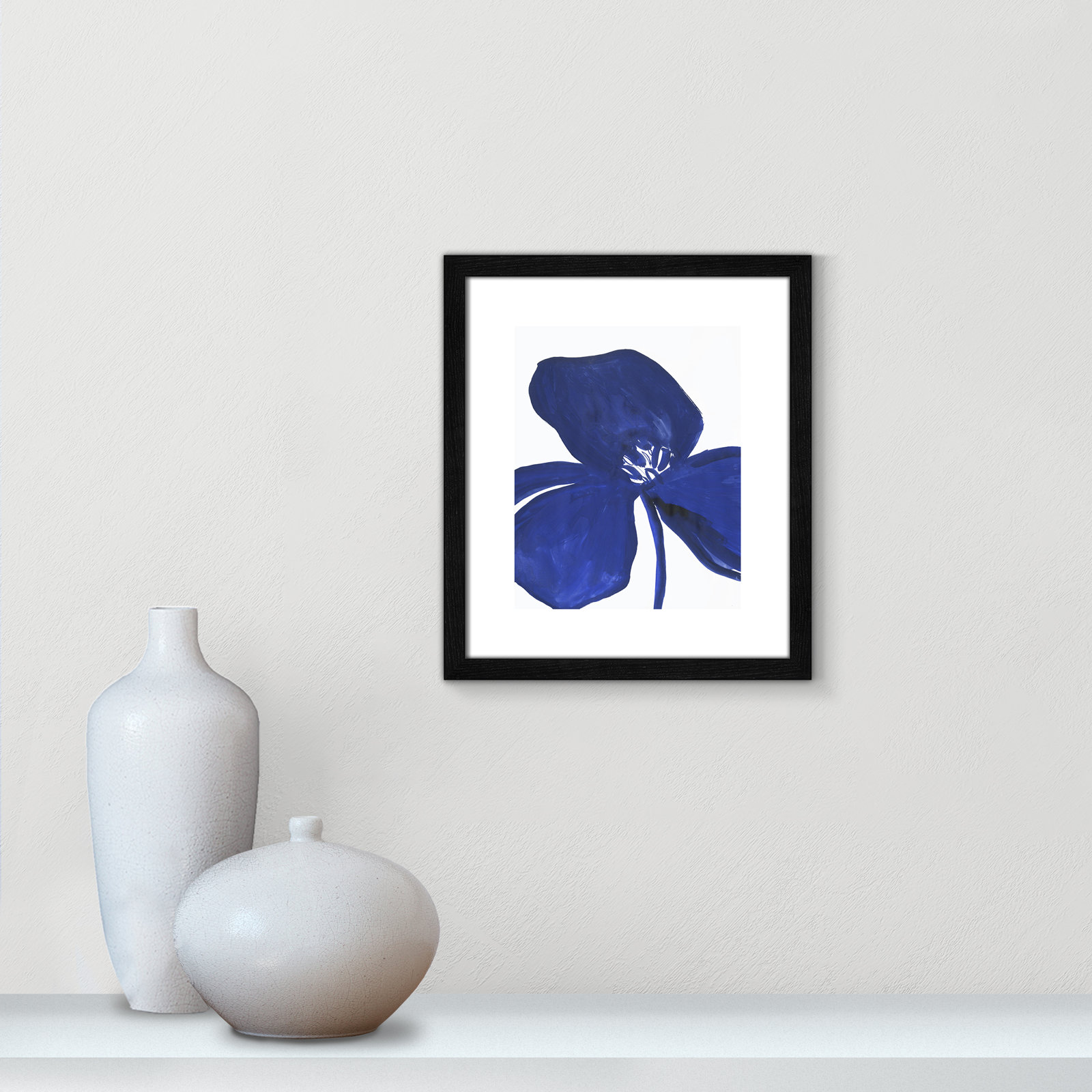 Clarisse "Indigo Petal II" Painting, 15" H x 13" W x 0.75" D, Black Framed Paper